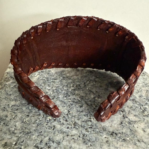 Green and Brown Leather Cuff Bracelet with Floral Centerpiece - Picture 6 of 9